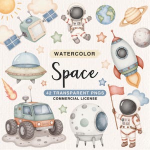 Aquarel ruimte clipartbundel, astronaut clipart, planeten raketten ruimteschip illustratie, babyjongen kinderkamer png, verjaardagsfeestje graphics