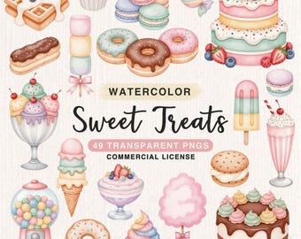 Watercolor Sweet Treats Clipart Bundle, Delicious Birthday Sweets Clipart, Cupcakes Donuts Ice cream Cookie Candy Lollipop PNG Graphics