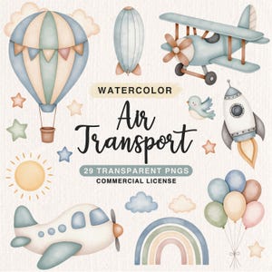 Aquarel luchtvervoer clipartbundel, vliegtuig kinderkamer clipart, baby schattig vliegtuig illustratie, babyjongen blauw, groen, bruin clipart