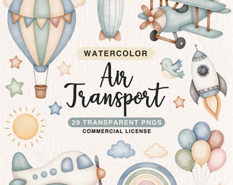 Watercolor Air Transport Clipart Bundle, Airplane Kids Nursery Clipart, Baby Cute Plane Illustration, Baby Boy Blue, Green, Brown Clipart
