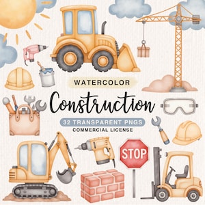 Aquarel bouw clipartbundel, bouwvoertuigen clipart, kinderkamer verjaardagsfeestje graphics, vrachtwagen, graafmachine, kraan, graafmachine