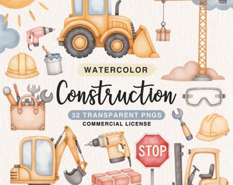 Watercolor Construction Clipart Bundle, Construction Vehicles Clipart, Nursery Birthday Party Graphics, Truck, Excavator, Crane, Excavator