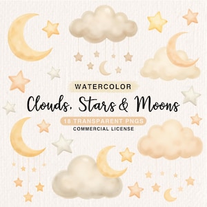 May include: Watercolor illustration featuring celestial elements. The design includes crescent moons, stars, and fluffy clouds in soft pastel colors. Text reads "Clouds, Stars & Moons" and "18 Transparent PNGs Commercial License."