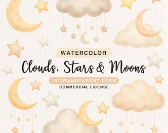 Aquarelle neutre nuages, étoiles, lunes Clipart Bundle, Clipart sexe Boho beige, chambre de bébé nouveau-né PNG, usage Commercial pour baby shower