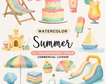 Aquarel zomer clipartbundel, pastel strand clipart, vakantie zomer zwembadfeest illustratie, vakantie clipart, graphics verjaardagsfeestje
