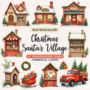 Pode incluir: Ilustrações de aquarela de uma vila de Natal com edifícios vermelhos e brancos, um caminhão vermelho, um trenó e uma guirlanda. O texto "Christmas Santa's Village" está escrito em uma fonte festiva.
