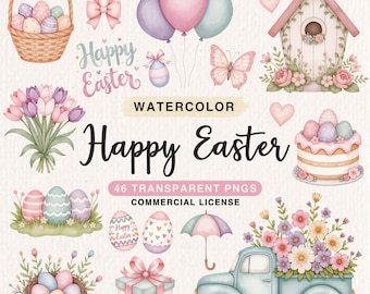 Clipart de Pascua en acuarela, clipart de huevo de Pascua primaveral en tonos pastel, ilustración de cesta de Pascua, PNG de Pascua bonito, uso comercial floral