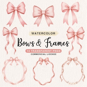 Puede incluir: Ilustraciones en acuarela de lazos y marcos rosas. La imagen presenta varios diseños de lazos con cintas fluidas y marcos circulares, todos en un tono rosa suave. El texto incluye "Watercolor Bows & Frames" y "14 Transparent PNGs".