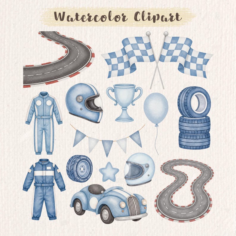Watercolor Blue Racing Clipart Bundle, Blue Race Car Clipart, Baby Boy ...