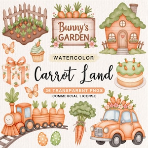 May include: Watercolour illustrations of a carrot themed garden with a train, car, house, cupcakes, carrots, butterflies, and a gift box. The text "Bunny's Garden" and "Carrot Land" are included in the image.