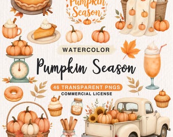 Watercolor Pumpkin Season Clipart Bundle, Pumpkin Illustration, Autumn Fall Digital Download, Printable Scrapbooking Clipart, Commercial Use