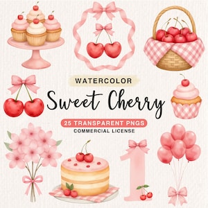 以下が含まれることがあります： 甘いサクランボをテーマにした水彩イラスト。カップケーキ、ケーキ、バスケット、風船が含まれています。「Sweet Cherry」と「25 Transparent PNGs Commercial License」と書かれています。