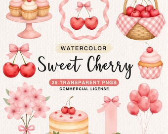 Watercolor Sweet Cherry Clipart, Cherry First Birthday Baby Shower Clipart, Coquette Cherry Bow Illustration, Cherry on Top Commercial Use