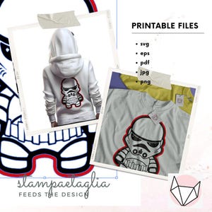 May include: A white hoodie with a black and white cartoon image of a Star Wars Stormtrooper on the back. The image is outlined in red. The hoodie is shown on a model and on a flat surface.