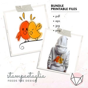 Può includere: Un'illustrazione digitale di due uccelli dei cartoni animati, uno arancione e uno giallo, con un effetto acquerello. Gli uccelli si guardano e sembrano abbracciarsi. L'illustrazione è su uno sfondo bianco. Il testo "BUNDLE PRINTABLE FILES" è sopra l'immagine. Il testo "pdf, eps, jpg, png" è sotto l'immagine. Il testo "stampactaglia FEEDS THE DESIGN" è in fondo all'immagine.