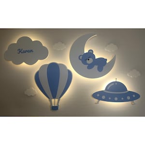 Kinderzimmer Dekor Wandlampe Set von 4 - Wolke, Teddy mit Mond, Heißluftballon & UFO Nachtlichter, Babyzimmer Dekor, Babypartygeschenk