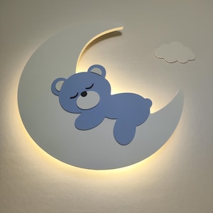 Moon Hugging Bear Night Light – Nursery Wall Lamp – Custom Color Baby Room Decor – LED Night Lamp Gift for Kids