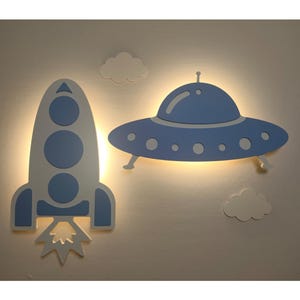 Nursery Decor Wall Lamp Set of 2 – UFO & Rocket Night Lights, Nursery Wall Lamp, Kids Room Decor, Baby Shower Gift