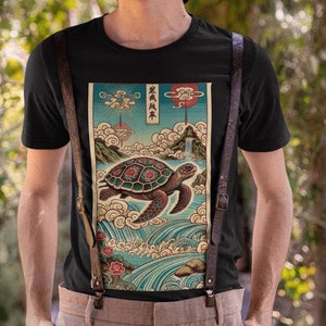 Camiseta vintage de tortuga japonesa, camiseta Ukiyo-e del monte Fuji, camiseta unisex de manga corta, camiseta de arte asiático, camiseta de recuerdo de Japón