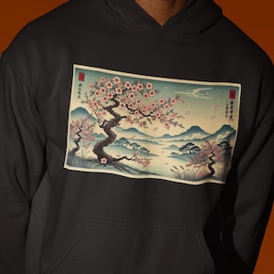 Sudadera con capucha con estampado de cerezo japonés en flor - Impresión en madera vintage