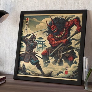 Ukiyo-e Red Oni Demon vs Samurai Poster - Druck in Museumsqualität - Option gerahmt
