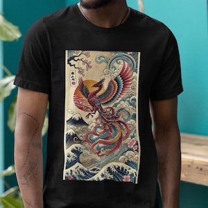 Camiseta vintage Hoo Phoenix, camiseta gráfica con pájaro mítico, obra de arte de inspiración japonesa, diseño de la gran ola, camiseta unisex