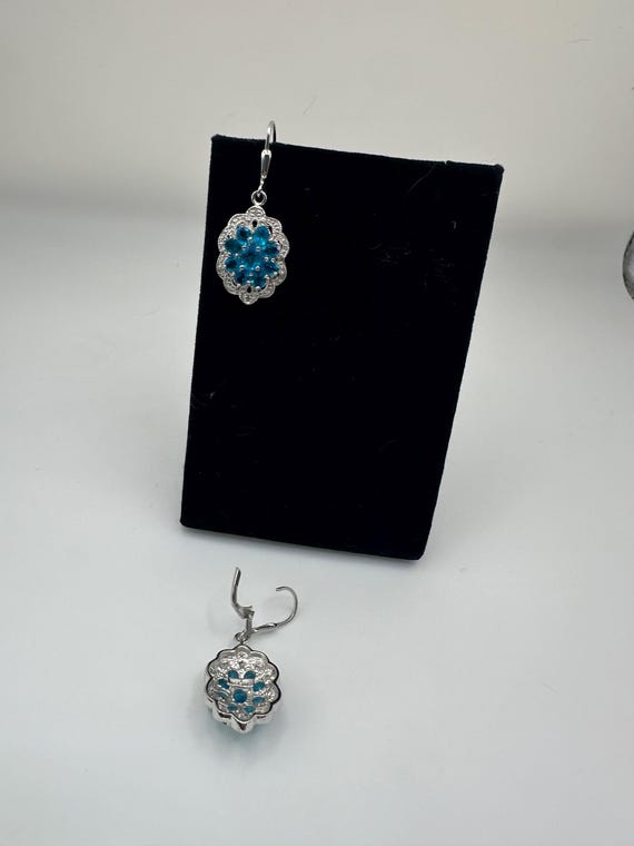 Blue cluster gem and diamond dangle earrings - image 2