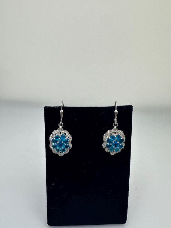 Blue cluster gem and diamond dangle earrings - image 1