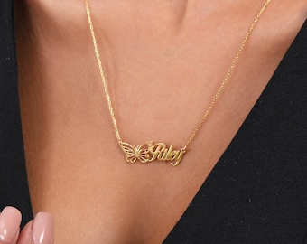 Collana con nome a farfalla in oro massiccio 14k: ciondolo personalizzato in argento sterling