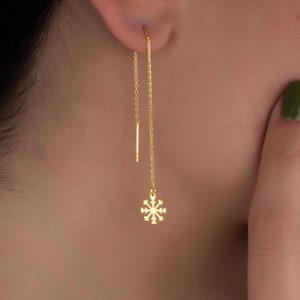 Sterling Silver Snowflake Threader Earrings: Long Chain Dangle
