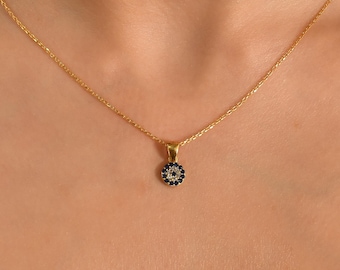 Collana con ciondolo malocchio fatta a mano: argento sterling, oro 14 carati