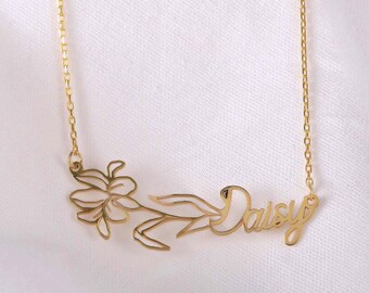 Collana con nome personalizzato a forma di fiore: argento sterling, placcato oro 14 carati