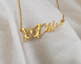 Collana con nome a farfalla in oro massiccio 14k: ciondolo personalizzato in argento sterling