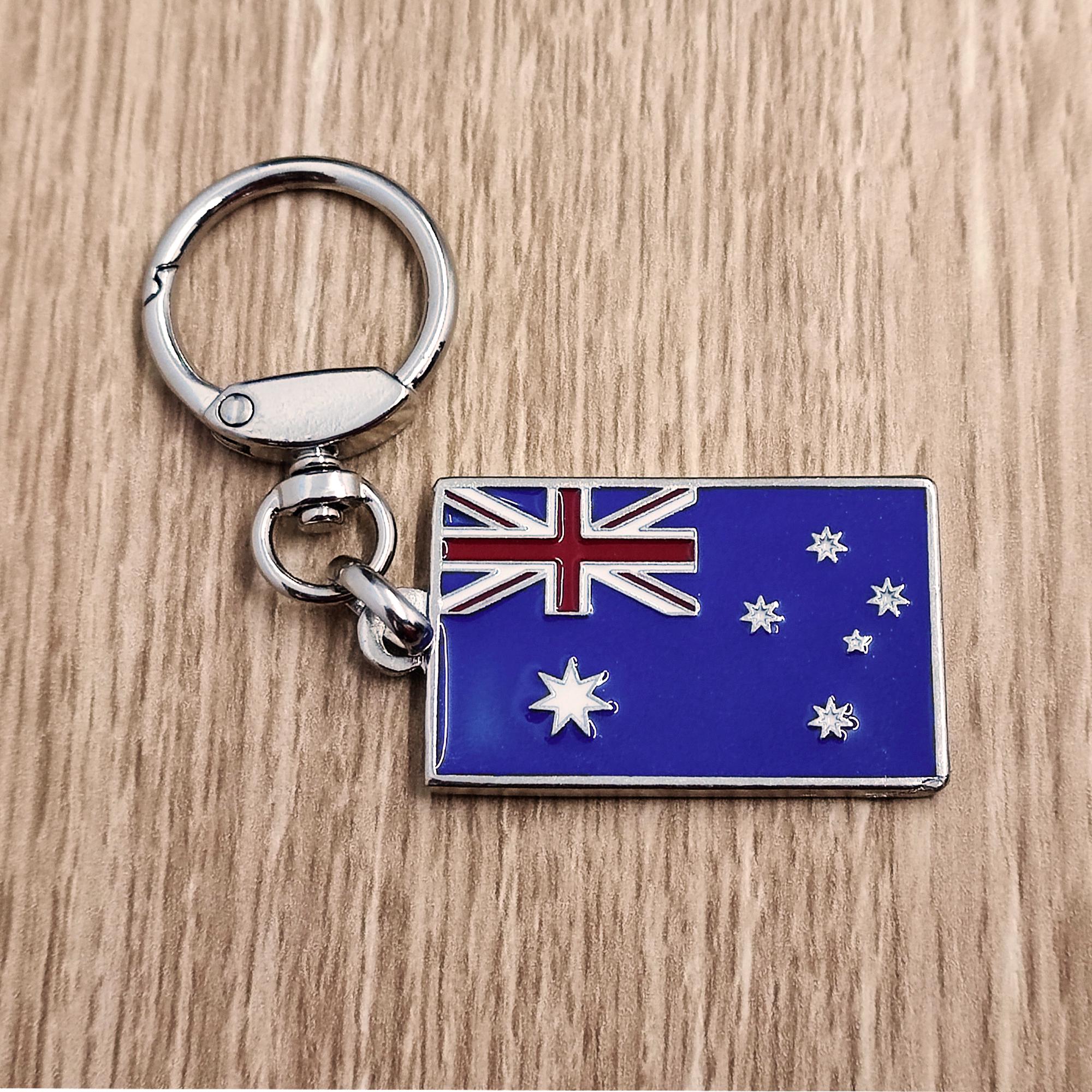 Flag Australia keychain pendant Metal enamel color classic flags of countries. Ring with rotating spring. Keychain for gift.