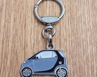 Smart Fortwo grey keychain pendant Metal enamel color classic car collection. Ring with rotating spring. Keychain for gift.
