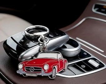 Brelok do kluczy w kształcie klasycznego samochodu Mercedes 190 SL, metal emaliowany, przedmiot kolekcjonerski, prezent dla miłośników i kolekcjonerów samochodów.