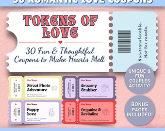 Printable Love Coupons: 30 Fun Romantic Tokens, Gift for Him & Her, Couples Anniversary Activities