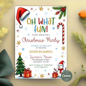 Op de afbeelding: Een feestelijke kerstfeestuitnodiging met kleurrijke tekst die luidt "Oh What Fun!" en "Christmas Party". Het ontwerp bevat een kerstmuts, zuurstok, kerstboom, sneeuwpop en cadeauverpakkingen. De uitnodiging wordt gehost door Lauren's.