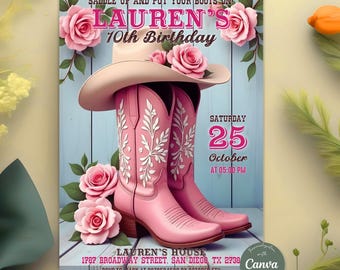 Editable Pink Hoedown Birthday Party Invitation, Western Cowgirl Party, Cowgirl Birthday Invite, Country Floral Boots, Printable Template