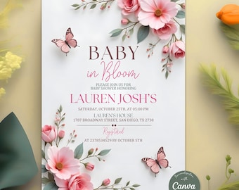 Baby in Bloom Invitation, Baby Shower Invitation, Wildflowers Baby Shower Invite, Butterfly Baby Shower Invitation, Editable Canva Template