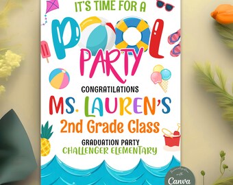 Editable Goodbye School Hello Pool Invitation, Pool Party Invitation, End of School Pool Party Invite, Summer Party Birthday Invitation