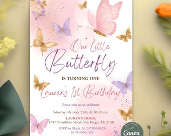 Butterfly Birthday Invitation, Butterfly Party Invitation, Whimsical Floral Butterfly Rainbow, Any Age, Editable Canva Template