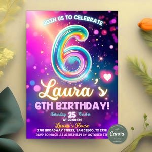 Editable Pink 6th Birthday Invitation, Girl Sixth Birthday Party, Glitter Party Invite, Girl 6th Invitation, Instant Download