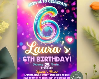 Editable Pink 6th Birthday Invitation, Girl Sixth Birthday Party, Glitter Party Invite, Girl 6th Invitation, Instant Download