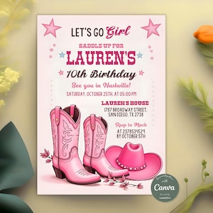 Let&#39;s Go Girls Birthday Invitation Template, Pink Cowgirl Birthday Party Invitation, Disco Rodeo Western Invite, Any Age, Girl&#39;s Night