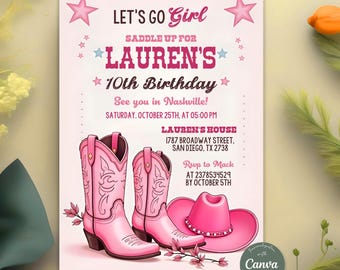 Let's Go Girls Birthday Invitation Template, Pink Cowgirl Birthday Party Invitation, Disco Rodeo Western Invite, Any Age, Girl's Night