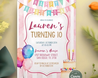 May include: A birthday invitation with a pink and white striped background. The invitation reads "Happy Birthday" and "Lauren's Turning 10". It includes the date, time, and location of the party, along with a request to RSVP.