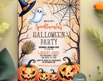Halloween Party Invitation, Spooky Pumpkin Theme, Halloween Ghost Invitation, Spooktacular Ghost Party Invitation, Editable Canva Template