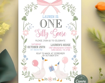 One Silly Goose Birthday Invitation, Girl 1st Birthday Pink Printable Invite, Pink Floral Silly Goose First Birthday, Editable Canva