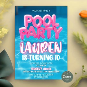 Editable Pool Birthday Invitation, Girls Teenage Birthday Invite, Pink Pool Party Theme, Summer Birthday Party Invitation, Instant Download